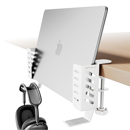 Desk Side Laptop Holder, Desk Side Storage, No Drill Side Desk Organizer, Side Desk Laptop Mount, Tablets Hanging Holder, Clamp on Desk Organizer for Laptops/Tablets/Keyboards/Headphone, White