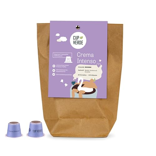 CUP VERDE – 30 Crema Intenso Kaffeekapseln Nespresso* kompatibel / extra kräftig / Nachhaltig - Klimaneutral – fair gehandelt - schonend geröstet