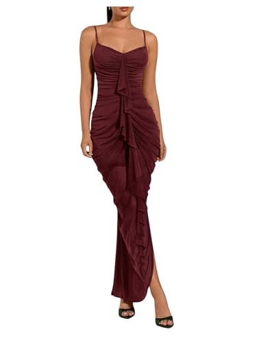 Image of Floerns Women's Ruffle Ruched Cami Dress Draped Split Elegant Bodycon Maxi Dresses