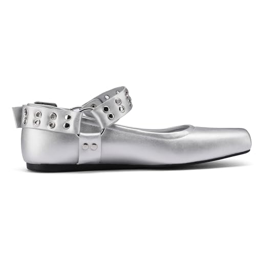 Women's Sliver Black Studded Ankle Strap Square Toe Mary Jane Flats Office, Party, Daily Wear2