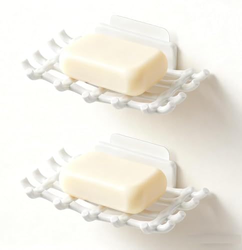Image of Self Adhesive Soap Holder for Bathroom Wall | Plastic Soap Stand with Drain Tray | Wall Mounted Soap Dish | No Drilling Bathroom Soap Holder (02 Grid White Soap)