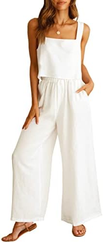 ANRABESS Women's 2 Piece Outfits Square Neck Linen Tank Crop Top Wide Leg Pants Matching Lounge Set Tracksuit