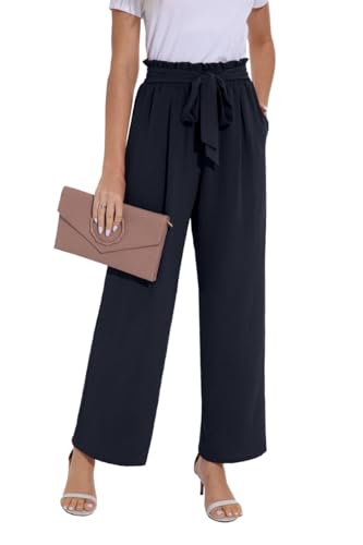 PrinStory Damen Hose Mit Weitem Bein Leichte Elastische Taille Sommer Hose Mit Taschen Kausale Arbeit Hose