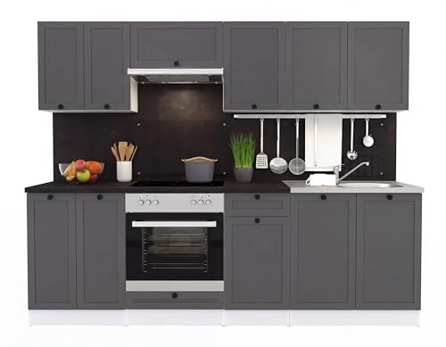 FIWODO Küche mit Elektrogeräten - ERWEITERBAR - Küchenzeile Einbauküche in Farbe: LANDHAUS GRAFIT MATT 240cm mit Spülbecken Mischbatterie Herd Backofen Abzugshaube NEUWARE mit GARANTIE
