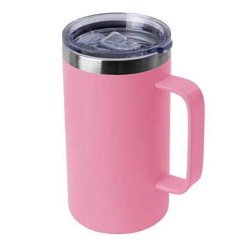 DOMICARE 24oz Mug with Handle and Lid, Stainless Steel Coffee Mug, Reusable Insulated Cup, Travel Mug with Handle, Double Wall Vacuum Coffee Tumbler for Men and Women, Pink, Pack 1