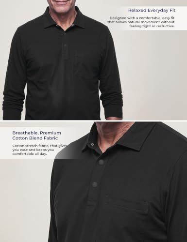 Image of Symbol Classic Men's Senior Wear Super Soft Cotton Stretch Polo | Regular Fit | Full Sleeve | Self Fabric Collar | Snap Buttons | Elderly Wear