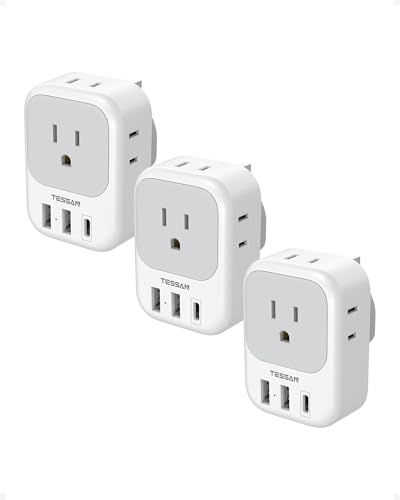 US to UK Plug Adapter 3 Pack, TESSAN Type G Adapter for Travel with 4 Outlets 3 USB Charger(1 USB C), Ireland Power Adaptor for USA to England London Scotland Dubai Singapore Hong Kong Qatar