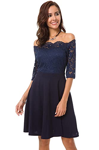 Atnlewhi Womens Vintage Lace Off Shoulder Puffy Swing Dresses Sexy Mini Dress for Party Cocktail,Swing-Blue,S