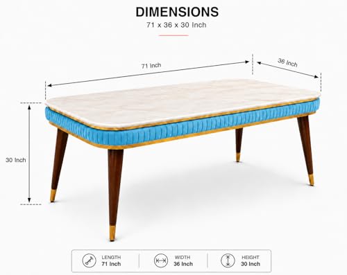 Image of WOODEN SPACE 6-Seater Wooden Dining Table Set | Nano Composite Marble Top | Solid Wood Base | Modern Dining Room Furniture with 6 Chairs (Sky Blue)