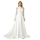 ZHEXUDAI Elegant Long Lace Sleeve High Neck Wedding Dresses – Embroidered A-Line Bridal Gown with Chiffon & Satin Skirt (White) L