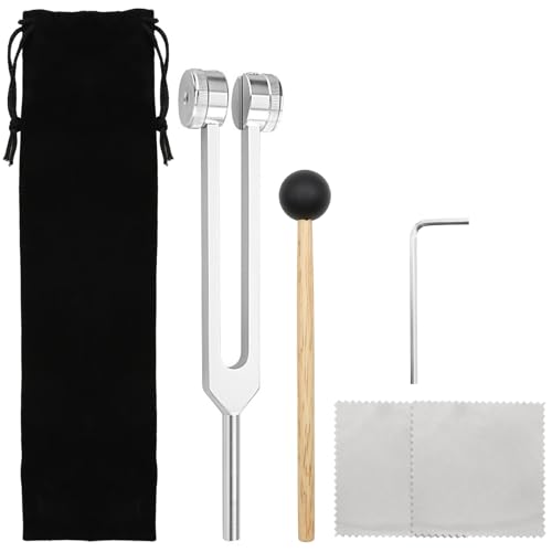 Scettar Stimmgabel-Set, 128Hz Stimmgabel Standardfrequenz Aluminiumlegierung für Klangtherapie und Entspannung, mit Silikon-Hammer-Reparaturwerkzeug, Reinigungstuch-Aufbewahrungstasche (Silber)