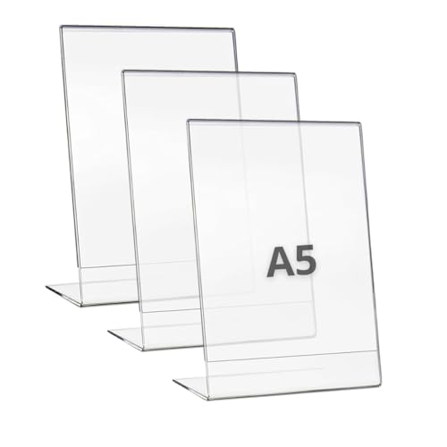 drb derabo Expositor metacrilato transparente a5, pack 3 unidades, soporte sobremesa para carteles A5, porta menú, porta precios, porta fotos, porta anuncios, display acrílico, expositor vertical A5