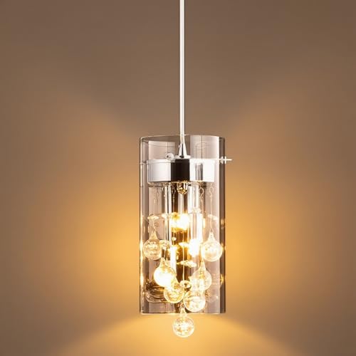 Kitchen Pendant Lighting Over Island, G9 Modern Crystal Pendant Light Fixtures, Dimmable Clear Glass Shade with Crystal Teardrops, Hanging Light Fixture for Kitchen Island, Dining Room, Living Room