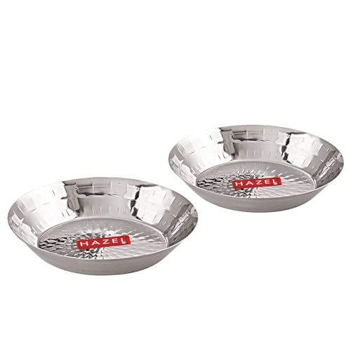 Image of HAZEL Stainless Steel Snack Plate 18.5 cm Hammered Design, Pack of 2 | Kopri Thali Nashta Serving Plate Breakfast Steel Dish, 650ml