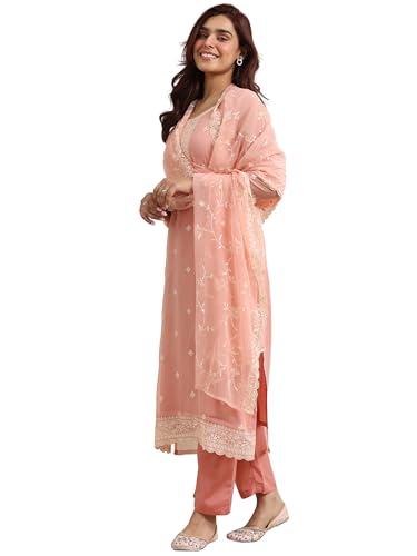 Image of Libas Peach Embroidered Chiffon Straight Kurta set for Women | ethnic wear | bridal suit | wedding dress | occasion wear