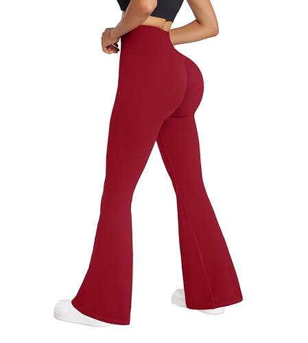RXRXCOCO Damen High Waist Schlaghose Yoga Hose Flared Leggings Bootcut Hose Push Up Scrunch Booty Lang Sporthose Laufhose Stumpfes Rot M