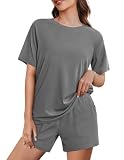Ekouaer Schlafanzug Damen Kurz Pyjama Set Sommer Nachtwäsche Shorty Schlafanzüge Kurzarm Hausanzug Rundhals Loungewear, Grau XL