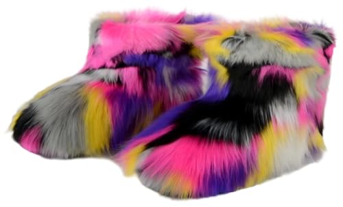 LLTMALL Girl's Slip-On Ankle Snow Boots Colorful Fluffy Fur Lined Winter Booties