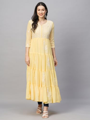 Image of RATAN Women's Solid Georgette Tiered Chikankari Flared Kurti Gown Maxi Dress