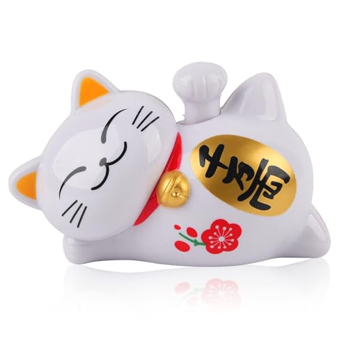 HERCHR Lucky Cat Chinese Fortune Cat Figurine 4.13×2.36×2.76in Japanese Maneki Neko Hand Painted Good Luck Bringer Lying Waving Beckoning Fortune Fengshui Decor for Home Car