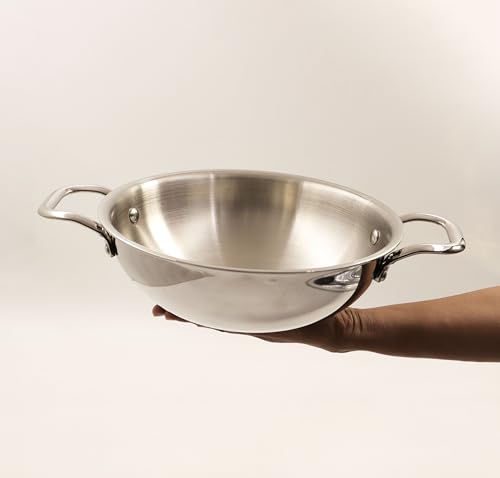Image of Spillbox Stainless Steel Sandwich Triply Kadhai | Kadai | Wok| Nonstick 3-Layer Body | Steel Cookware | Induction safe | Dishwasher Safe | Food Grade |Heavy |FryPan |Curry |Stirfry |Deepfry (Dia-24cm)
