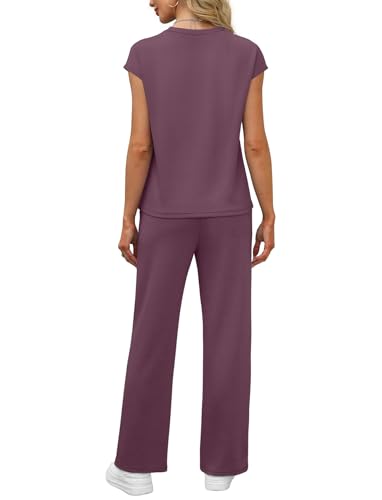 Image of WIHOLL 2 Piece Sets for Women Casual Summer Travel Vacation Outfits Cap Sleeve Lounge Set