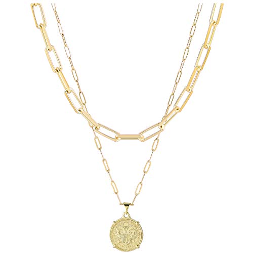 Gold Layered Choker Necklace for Women 18K Gold Plated Moon Star Angel Lion Coin Charm Paperclip Link Chain Necklace Pendant Minimalist Jewelry for Women Girls