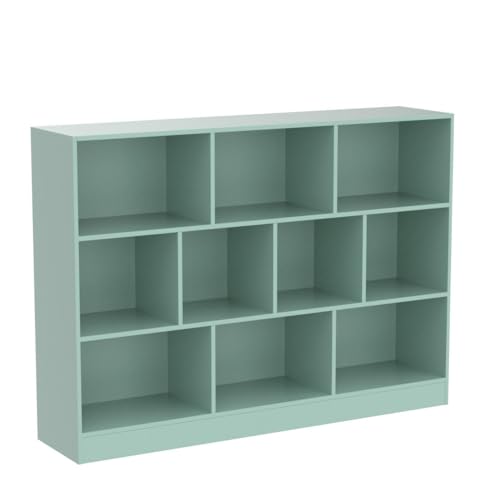 Image of IOTXY Open Shelf Low Bookcase - Wooden 3-Tier Cube Bookshelf, Tiffany-Green