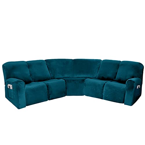 Okyuk Corner Sectional Couch Covers 7-Piece For 4 Seat Recliner + 1 Corner Seat, Sectional Recliner Couch Covers Soft Stretch Velvet Corner Sofa Cover Slipcovers (5 Seater, Dark Teal) #TOP20