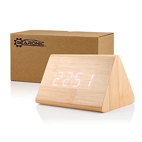 Gearonic Tm Wooden Alarm Clock, Modern Triangle Wooden Wood Alarm Digital Desk Clock, Displays Time Date Temperature Calendar, 7 Level Adjustable Brightness Led - Bamboo #TOP27