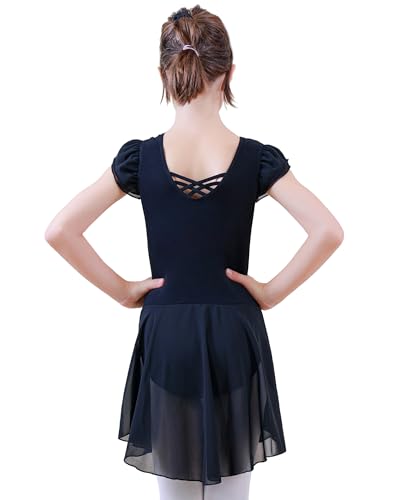 ZNYUNE Mädchen Ballettkleidung Kreuz Rücken Blattärmel Baumwolle Tanzkleid Tanzbody Balletttrikot Ballettanzug Kinder mit Chiffon Rock Tütü B440 Black 152/158