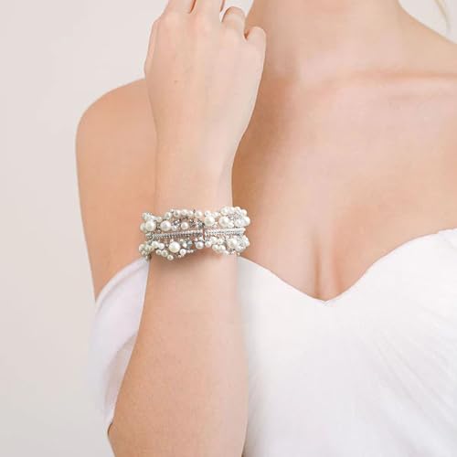 EVER FAITH White Rhinestone Crystal Wedding Jewelry Simulated Pearl Flower Bridal Stretch Bracelet for Women Bride Clear Silver-Tone3