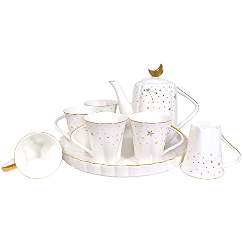 "Starry Moon" Ceramic Tea Set With Tea Pot,Derui Creation Coffee Cup Set With 6Oz Cups,Afternoon Tea Time Serving (White) #TOP7