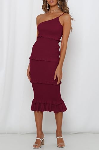 Image of PRETTYGARDEN Women's Summer Midi Bodycon Dresses One Shoulder Strappy Tiered Ruffle Floral Boho Sun Dress