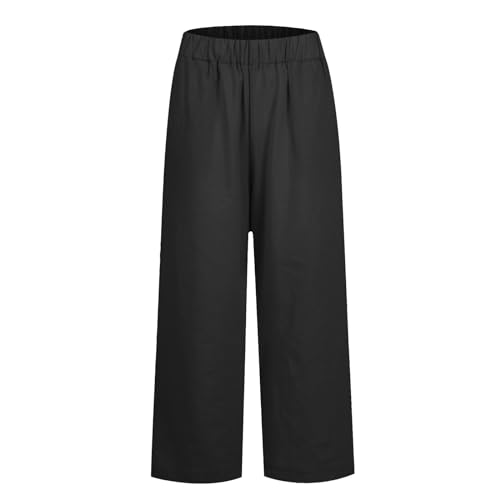 Womens Boho Linen Pants Summer High Waisted Drawstring Palazzo Pants Casual Loose Straight Cropped Trousers Pockets3