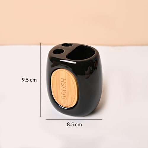 Image of Market99 Ceramic Bathroom Set Glossy Black with Sophisticated Classic Text Pattern, Includes Soap Dispenser, Tumbler, Toothbrush Holder, and Soap Dish for Coordinated Bathroom Style, 400 ML Capacity