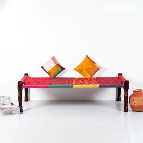 Image of Solid Sheesham Wood Charpai Khat | Handcrafted Daybed Khatiya Charpai with Cotton Rope | Traditional Khat Bed Wooden Diwan Cot for Living Room | 6X3 Feet | Colorful 009 (Red-Multi)
