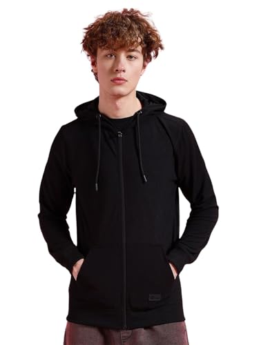 Image of The Indian Garage Co Men Regular Fit Self Design Front Open Hooded Sweatshirt