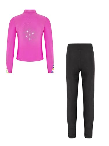 Kids Girls Skating Workout Gymnastics Outfits Zipper Jacket Shirts with Shiny Rhinestones Skinny Pants Set2
