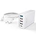 Produktbild USB Ladestation mehrfach 48W - Ladegerät Multi Charger 5-Port - 1x Quick Charge 3.0, 1x USB-C, 3X USB-A - USB mehrfach Ladegerät für Handy, Tablet, Action Cam - 1,5m Kabel