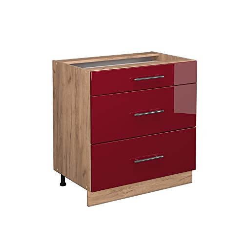 Vicco Meuble Cuisine Fame-Line, Rouge Bordeaux Haute Brillance, 80cm avec 3 tiroirs, sans PT, à Combiner avec d'autres modules de la série Fame-Line