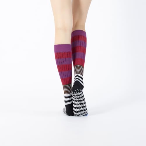 Image of Verdancy Yoga Pilates Socks with Grips for Women Striped Color-Blocked Knee Highs Non Slip Cushioned Over the Calf Socks