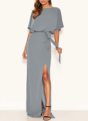 Happy Sailed Womens Batwing Sleeve Tie Waist Long Maxi Dress Side Split Formal Party Dresses Evening Gown Grey Medium #TOP2