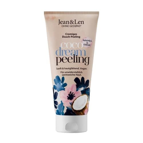 Jean & Len exfoliante de ducha con leche de avena y coco, partículas de cáscara de coco, elimina células muertas, piel suave, sin microplásticos ni siliconas, vegano, 200 ml