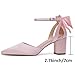 RIBONGZ Wedding Bridal Pink Shoes for Women Chunky Block Heel Pumps Closed Pointed Toe Heels with Elegant Bow Knot Comfort Evening Party Prom Office Shoes Size 9