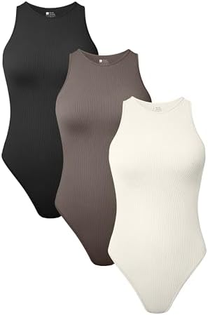 TOB Women's 3 Piece Bodysuits Sexy Ribbed Sleeveless Halter Neck Shapewear Bodysuits Black Tea leaf Beige