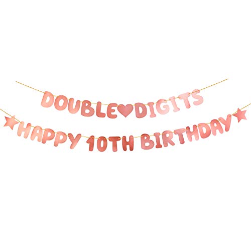 Mannli 10th Birthday Deocrations Double Digits Banner Happy 10th Birthday Bunting Glitter Banner Backdrop for Birthday Decorations, Rose Gold