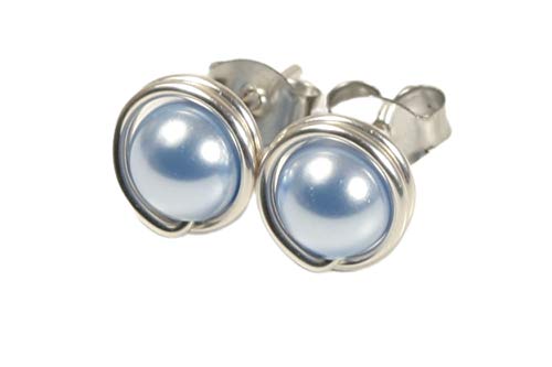 Sterling Silver Light Blue Pearl Stud Earrings Nacre Pearl Earrings Wire Wrapped Sterling Silver or Gold Filled Earrings