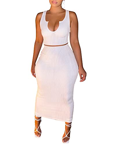Image of Women Sexy Two Piece Skirt Outfits Long Sleeve /Sleeveless V Neck Bodycon Ribbed Knitted Maxi Club Party Dress