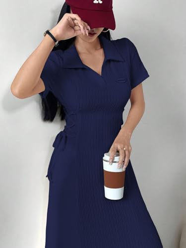 Image of Shasmi Women's Solid Color Applique Lace-Up Collared Short Sleeve, Side-Tie Waist Long Casual Maxi Women Dress Outfit Long Evening Midi Western Party Dress for Women (Dress 211)